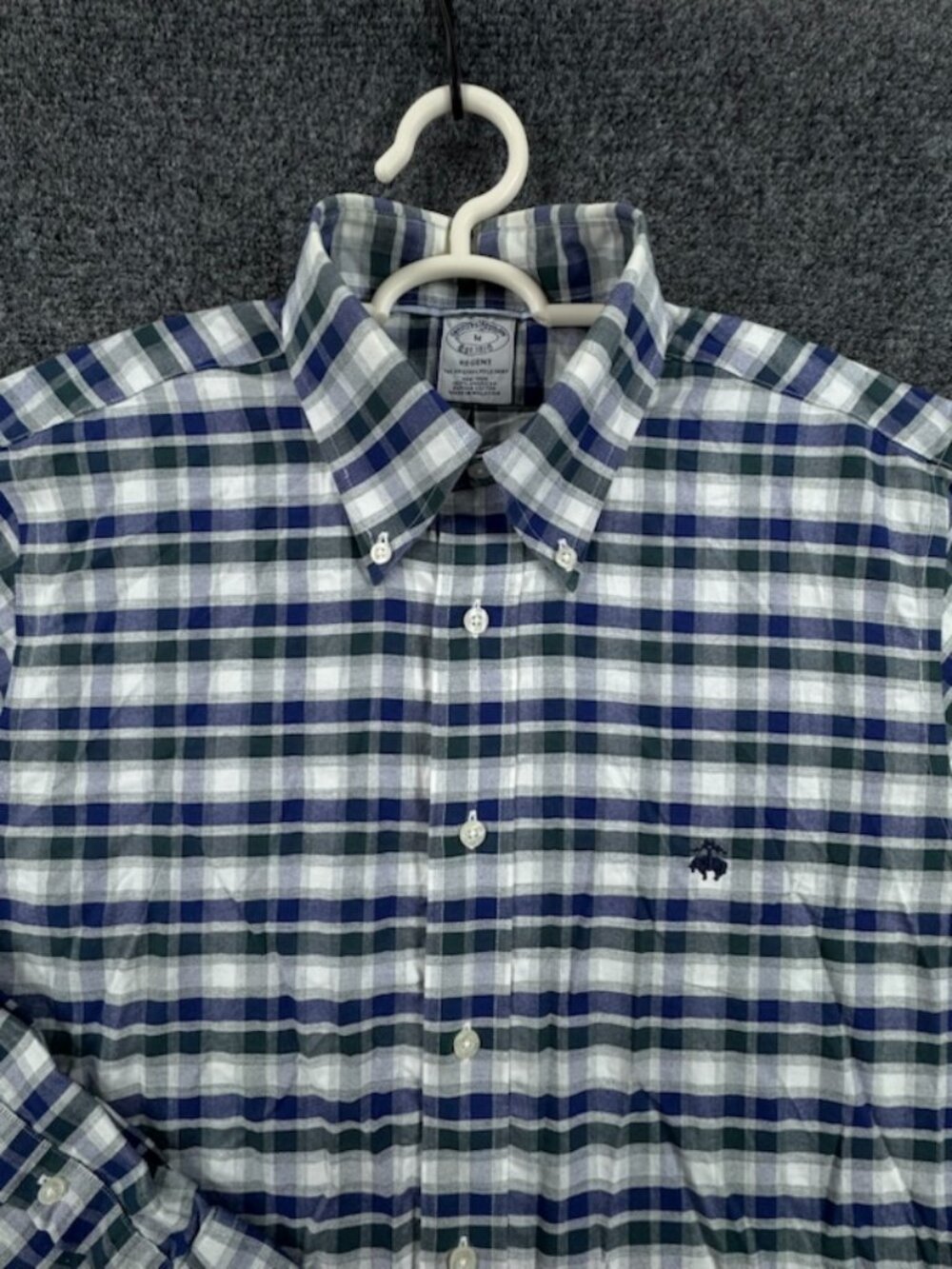 Brooks Brothers Oxford Men Medium Supima Blue Plaid Button-Down Regent Logo